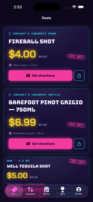 Broke & Buzzed Deals screen showing the cheapest nearby alcohol deals with prices and directions